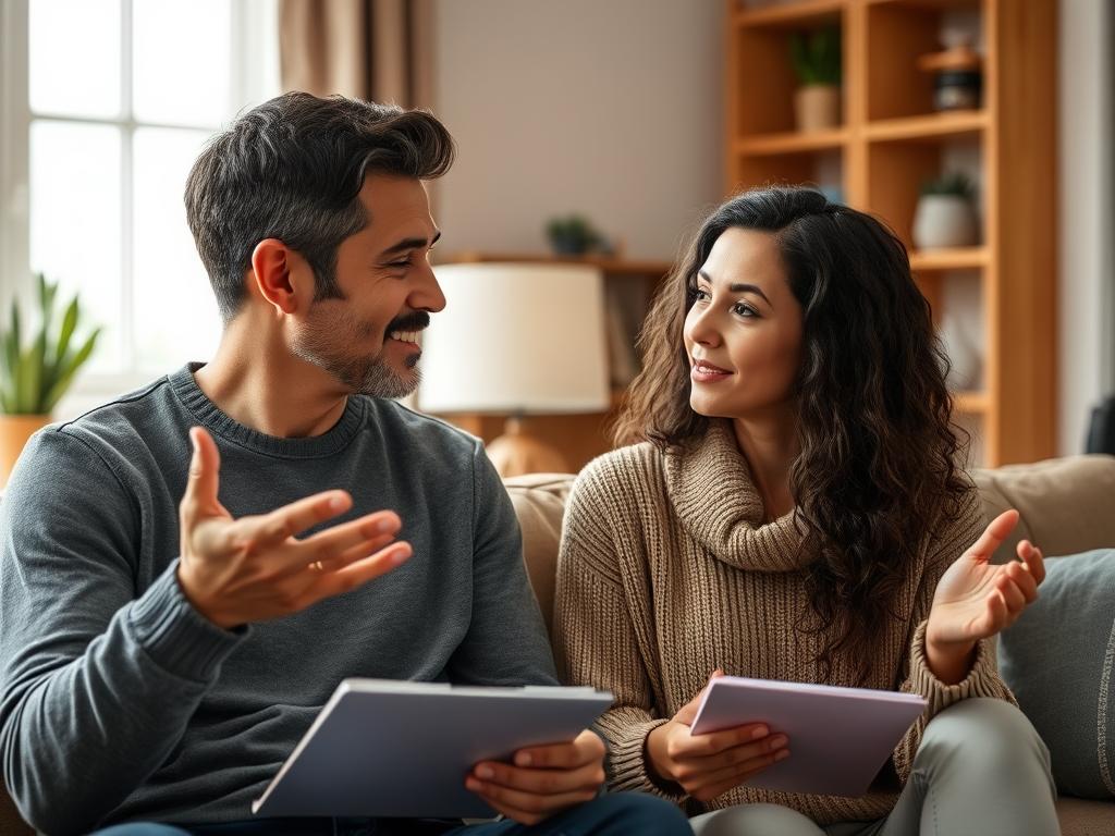 Coppia che utilizza tecniche di comunicazione interculturale, mostrando ascolto attivo e comprensione Coppia che utilizza tecniche di comunicazione interculturale, mostrando ascolto attivo e comprensione