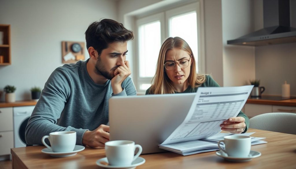 Coppia italiana che discute di finanze domestiche, illustrando l'impatto economico sulle relazioni moderne in Italia