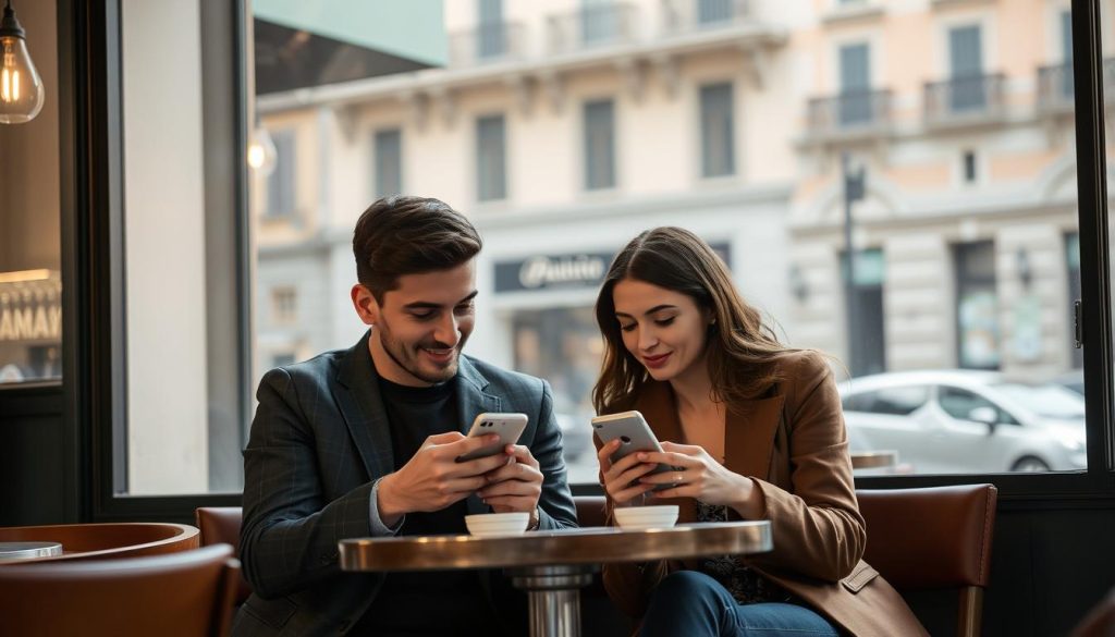 Coppia italiana che interagisce con smartphone in un caffè, simbolo delle relazioni moderne in Italia influenzate dalla tecnologia