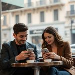 Coppia italiana che interagisce con smartphone in un caffè, simbolo delle relazioni moderne in Italia influenzate dalla tecnologia