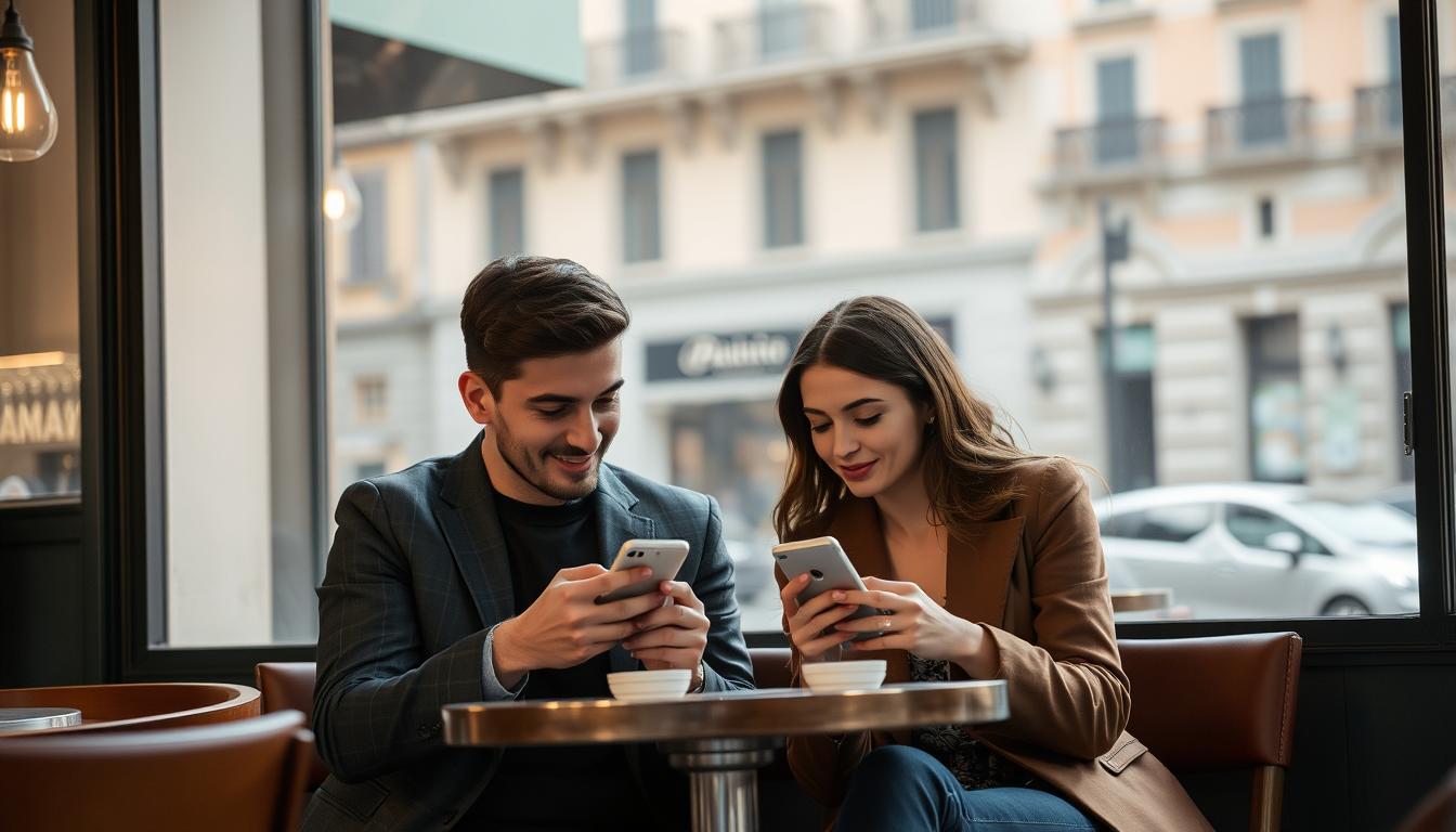 Coppia italiana che interagisce con smartphone in un caffè, simbolo delle relazioni moderne in Italia influenzate dalla tecnologia