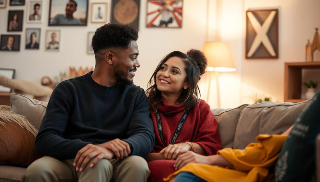 Coppia multiculturale che discute seduta su un divano, illustrando come gestire differenze culturali