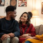 Coppia multiculturale che discute seduta su un divano, illustrando come gestire differenze culturali