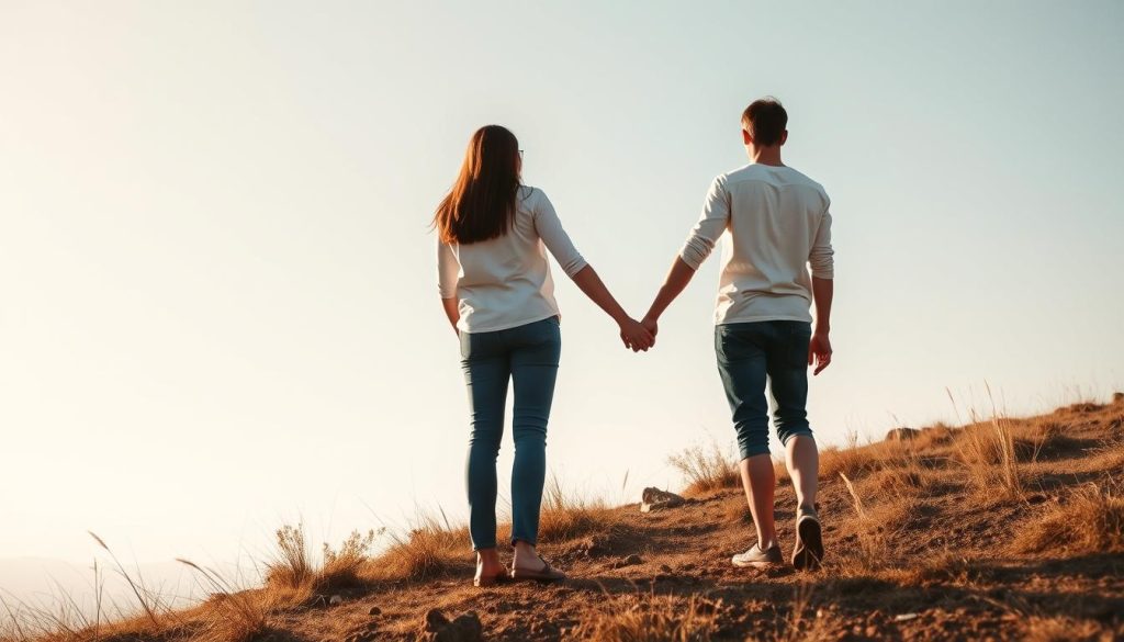 Due persone che si tengono per mano ma guardano in direzioni diverse, simbolo di amore e libertà personale