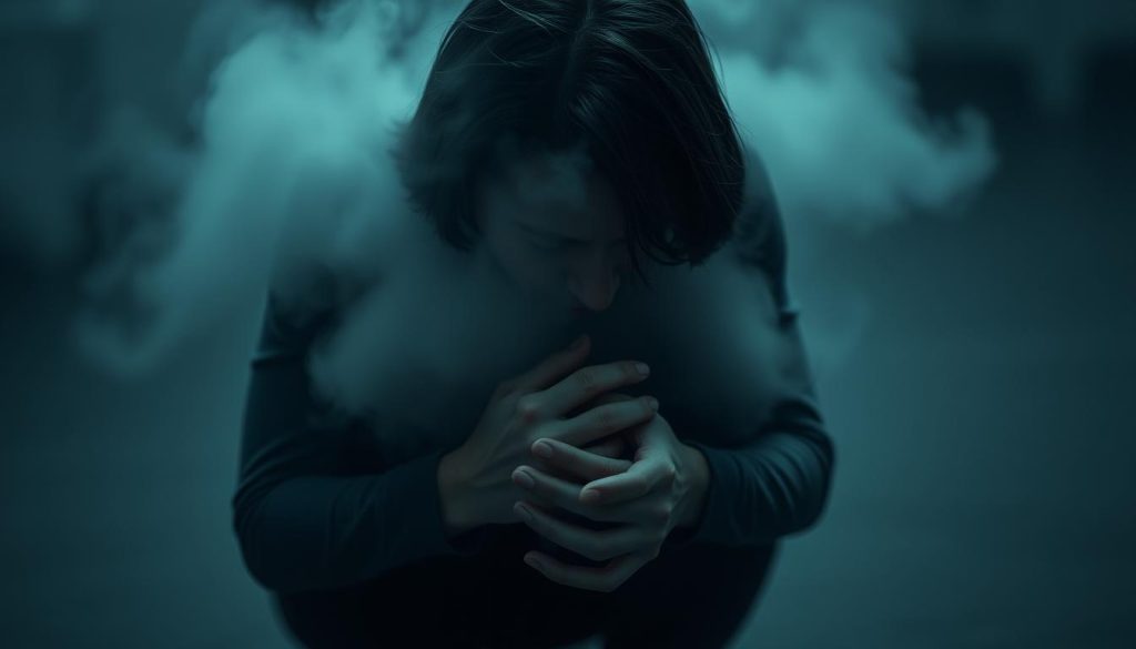 Emotional rejection: a figure crouched, head bowed, shrouded in a cloud of melancholy. Muted colors, soft lighting from above casts a pensive glow, as if the subject is lost in a sea of sorrow. Expressive hands clasped, body language conveying a sense of vulnerability and pain. The background, blurred and indistinct, emphasizes the isolation and introspection of this moment. A palpable atmosphere of grief and longing, captured in a cinematic, empathetic portrait.