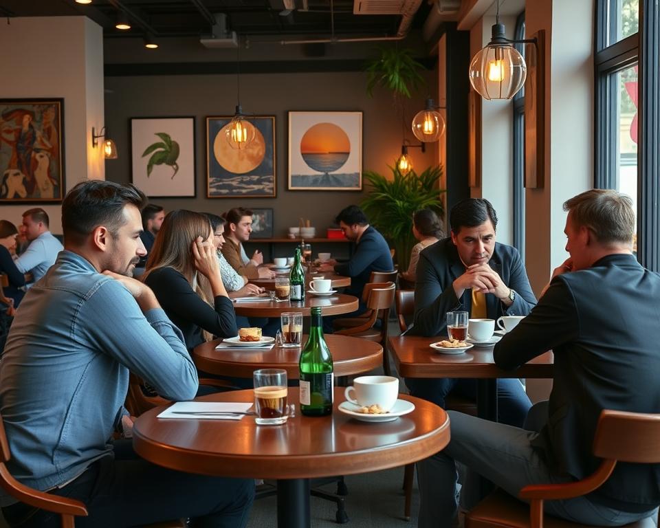 Evento di speed dating in un caffè italiano, mostrando nuovi approcci agli incontri nelle relazioni moderne in Italia