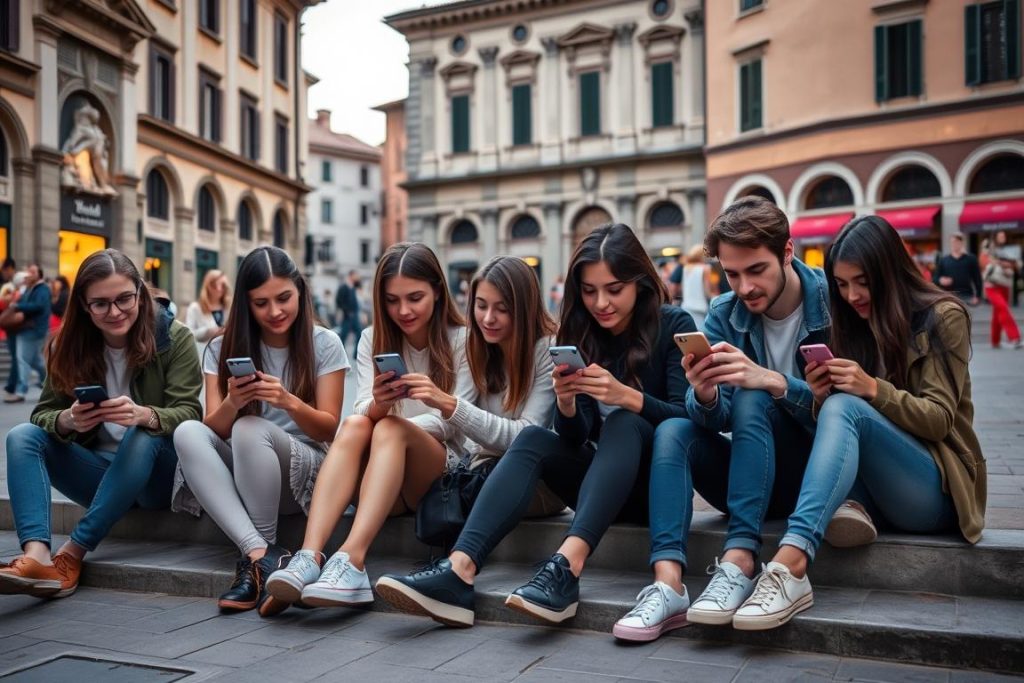 Giovani italiani che utilizzano app di dating su smartphone in un contesto urbano, rappresentando le relazioni moderne in Italia