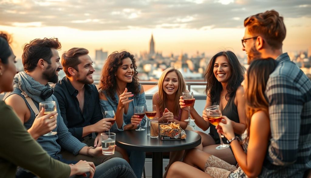 Gruppo di amici italiani che discutono di relazioni moderne in Italia in un ambiente informale