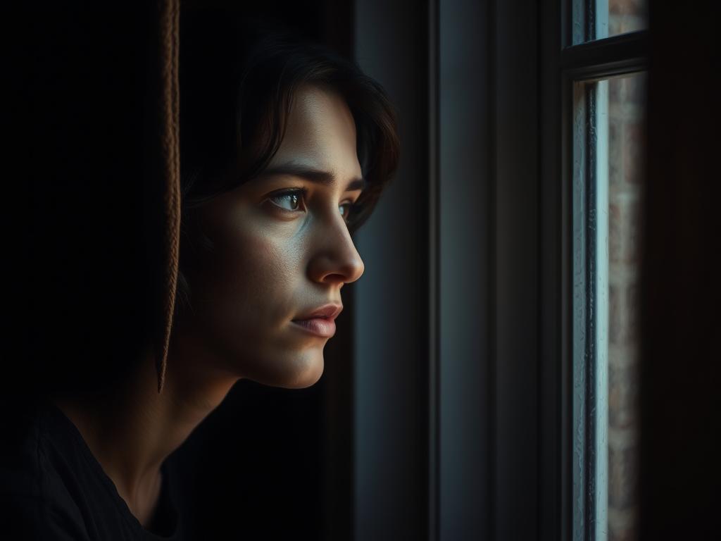 Persona che guarda fuori da una finestra con espressione pensierosa, simbolo di libertà personale limitata