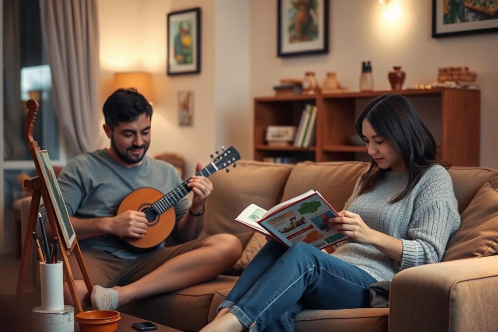 Persona che pratica un hobby personale mentre il partner legge un libro nelle vicinanze, esempio di amore e libertà personale