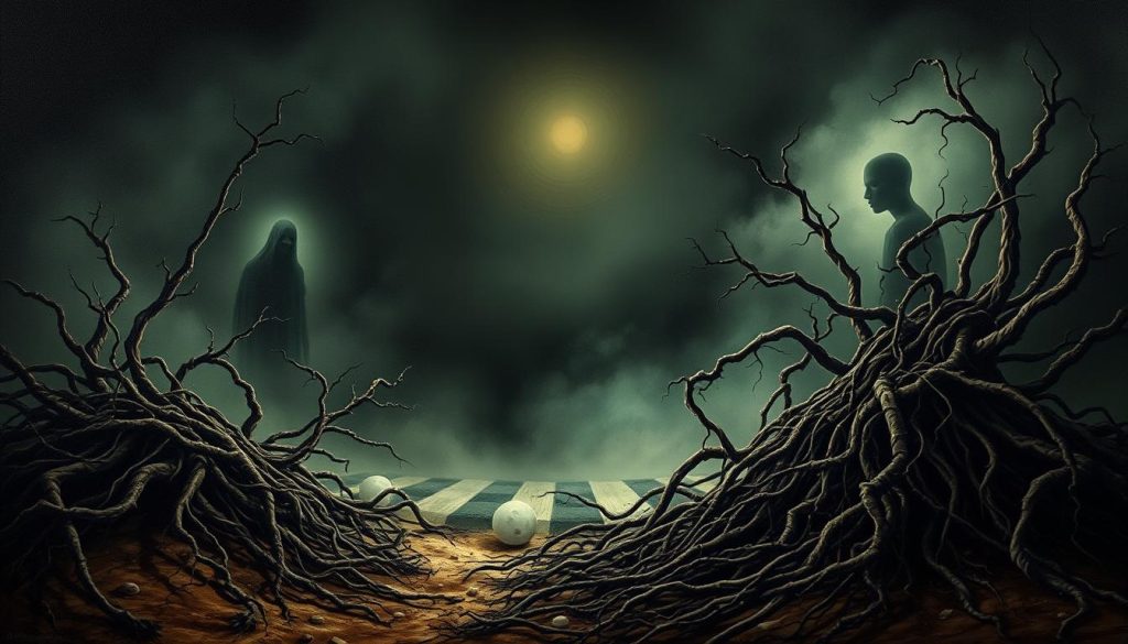 Radici psicologiche gelosia: a dark, surreal scene depicting the psychological roots of jealousy. In the foreground, a tangled mass of twisted, thorny roots emerge from the ground, symbolizing the deep-seated fears, insecurities, and unresolved issues from the past that fuel the green-eyed monster. The middle ground is shrouded in a hazy, oppressive atmosphere, conveying the emotional turmoil and mental anguish of the jealous mind. In the background, ghostly figures and shadowy shapes linger, hinting at the lingering effects of past traumas and experiences that haunt the psyche. Dramatic lighting casts dramatic shadows, emphasizing the dark, unsettling nature of the subject. Painted in a moody, expressionistic style that captures the unsettling, visceral nature of the psychological roots of jealousy.