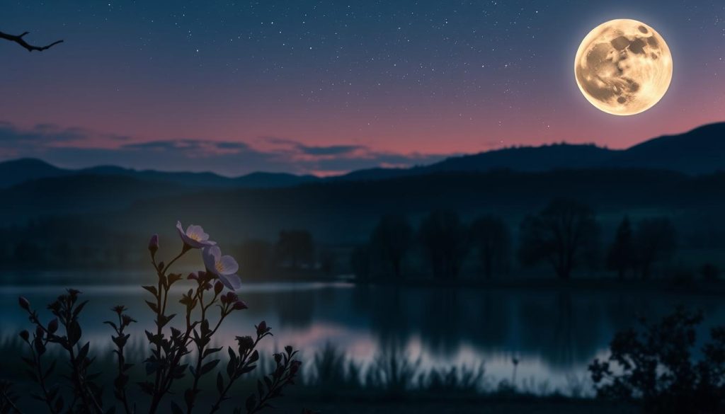 A beautiful crescent moon hangs gracefully in a twilight sky, casting a soft, silvery glow over a serene landscape. In the foreground, delicate silhouettes of blossoming flowers reach towards the moonlight, symbolizing the budding feelings of love. The middle ground captures a tranquil lake reflecting the moon’s light, surrounded by gently swaying trees that create a feeling of intimacy and connection. The background features rolling hills under a star-studded sky, enhancing the dreamy atmosphere. The scene is illuminated by a soft, ethereal light, evoking a sense of warmth and romance. Capture this moment with a slightly tilted perspective, enhancing the dreamy quality of the image, as if one is gazing up from a quiet garden on a romantic night. A beautiful crescent moon hangs gracefully in a twilight sky, casting a soft, silvery glow over a serene landscape. In the foreground, delicate silhouettes of blossoming flowers reach towards the moonlight, symbolizing the budding feelings of love. The middle ground captures a tranquil lake reflecting the moon’s light, surrounded by gently swaying trees that create a feeling of intimacy and connection. The background features rolling hills under a star-studded sky, enhancing the dreamy atmosphere. The scene is illuminated by a soft, ethereal light, evoking a sense of warmth and romance. Capture this moment with a slightly tilted perspective, enhancing the dreamy quality of the image, as if one is gazing up from a quiet garden on a romantic night.