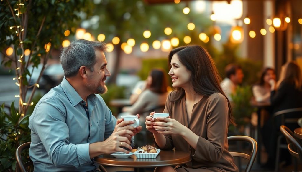 A charming outdoor café scene during golden hour, with a soft, warm light illuminating the faces of a couple sitting at a small, round table, enjoying coffee and dessert. The couple, dressed in smart casual attire—him in a collared shirt and her in a modest blouse—are engaged in conversation, their expressions conveying warmth and connection. In the background, lush greenery and soft fairy lights create a romantic atmosphere, while blurred outlines of other patrons enjoying their own conversations suggest a lively yet intimate setting. The shot is taken from a slightly elevated angle, focusing on the couple’s interaction while capturing the ambiance of the café, evoking a sense of contemplation about relationships and the passage of time. A charming outdoor café scene during golden hour, with a soft, warm light illuminating the faces of a couple sitting at a small, round table, enjoying coffee and dessert. The couple, dressed in smart casual attire—him in a collared shirt and her in a modest blouse—are engaged in conversation, their expressions conveying warmth and connection. In the background, lush greenery and soft fairy lights create a romantic atmosphere, while blurred outlines of other patrons enjoying their own conversations suggest a lively yet intimate setting. The shot is taken from a slightly elevated angle, focusing on the couple’s interaction while capturing the ambiance of the café, evoking a sense of contemplation about relationships and the passage of time.