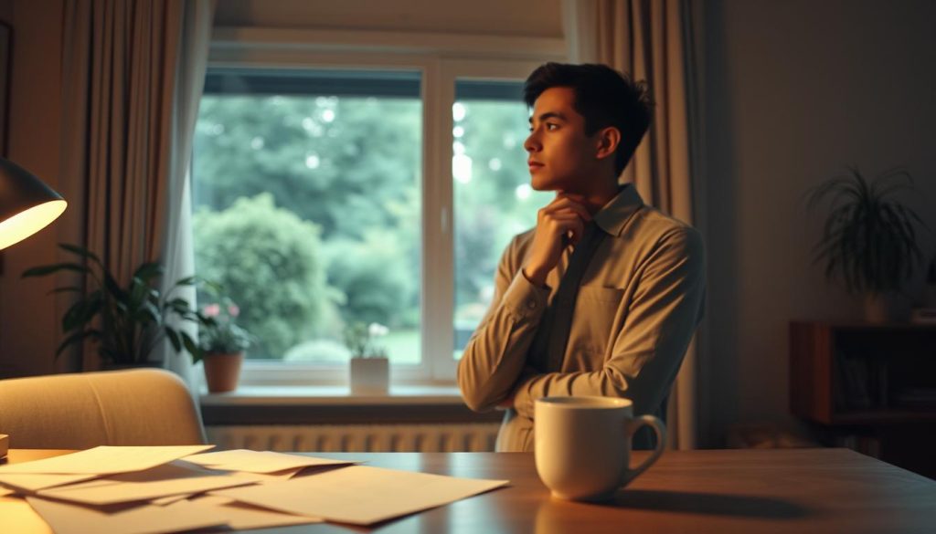 A contemplative individual stands alone in a softly lit, cozy room, gazing out of a window. Their expression is one of deep thought, reflecting feelings of longing and uncertainty. The foreground features a desk with scattered letters and a cup of untouched coffee, symbolizing unresolved emotions. In the middle, the person, dressed in simple yet professional clothing, holds their chin in hand, lost in introspection. The background is a blurred view of a tranquil garden, hinting at outside life that feels distant. Soft, warm lighting casts gentle shadows, creating an atmosphere of solitude and reflection. The image evokes a sense of vulnerability and the complexity of unrequited love, capturing the essence of internal struggle. A contemplative individual stands alone in a softly lit, cozy room, gazing out of a window. Their expression is one of deep thought, reflecting feelings of longing and uncertainty. The foreground features a desk with scattered letters and a cup of untouched coffee, symbolizing unresolved emotions. In the middle, the person, dressed in simple yet professional clothing, holds their chin in hand, lost in introspection. The background is a blurred view of a tranquil garden, hinting at outside life that feels distant. Soft, warm lighting casts gentle shadows, creating an atmosphere of solitude and reflection. The image evokes a sense of vulnerability and the complexity of unrequited love, capturing the essence of internal struggle.
