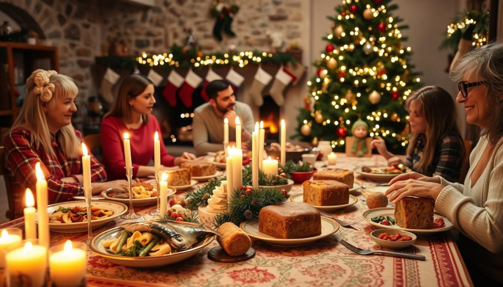 A cozy Italian Christmas Eve scene, showcasing a beautifully decorated wooden dining table filled with traditional holiday dishes like fish, pasta, and panettone. In the foreground, a colorful tablecloth features intricate patterns, surrounded by candles casting a warm glow. The middle ground reveals family members dressed in modest casual clothing, joyfully interacting and sharing stories, while an evergreen tree adorned with twinkling lights and handmade ornaments stands in the background. Soft, ambient lighting enhances the festive atmosphere, evoking feelings of warmth, tradition, and togetherness. The setting is a rustic home with stone walls and a fireplace, where stockings are hung, symbolizing love and family unity on this special night. A cozy Italian Christmas Eve scene, showcasing a beautifully decorated wooden dining table filled with traditional holiday dishes like fish, pasta, and panettone. In the foreground, a colorful tablecloth features intricate patterns, surrounded by candles casting a warm glow. The middle ground reveals family members dressed in modest casual clothing, joyfully interacting and sharing stories, while an evergreen tree adorned with twinkling lights and handmade ornaments stands in the background. Soft, ambient lighting enhances the festive atmosphere, evoking feelings of warmth, tradition, and togetherness. The setting is a rustic home with stone walls and a fireplace, where stockings are hung, symbolizing love and family unity on this special night.