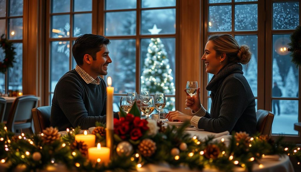 A cozy and romantic Christmas-themed date scene set in a softly lit, elegantly decorated restaurant. In the foreground, a beautifully arranged table is adorned with festive decorations, including twinkling fairy lights, pinecones, and delicate candles casting a warm glow. In the middle, a couple in modest, stylish attire is engaged in an intimate conversation, sharing laughter and enjoying a festive meal, their expressions radiating joy and connection. In the background, large windows reveal a winter wonderland with gently falling snowflakes and a view of a sparkling Christmas tree outside. The atmosphere should feel warm, inviting, and intimate, embodying the magic of a romantic Christmas date night. The image should capture the essence of holiday romance without any text or logos, ensuring a focus on the enchanting scene. A cozy and romantic Christmas-themed date scene set in a softly lit, elegantly decorated restaurant. In the foreground, a beautifully arranged table is adorned with festive decorations, including twinkling fairy lights, pinecones, and delicate candles casting a warm glow. In the middle, a couple in modest, stylish attire is engaged in an intimate conversation, sharing laughter and enjoying a festive meal, their expressions radiating joy and connection. In the background, large windows reveal a winter wonderland with gently falling snowflakes and a view of a sparkling Christmas tree outside. The atmosphere should feel warm, inviting, and intimate, embodying the magic of a romantic Christmas date night. The image should capture the essence of holiday romance without any text or logos, ensuring a focus on the enchanting scene.