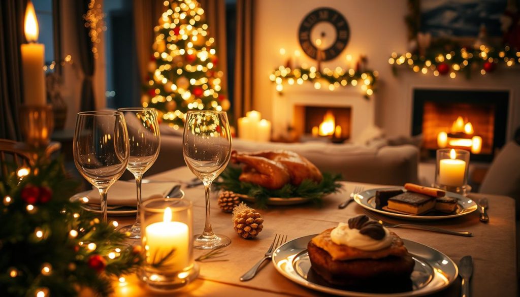 A cozy, intimate Christmas Eve setting for a perfect date night. In the foreground, a beautifully set table adorned with elegant dinnerware, twinkling fairy lights, and seasonal decorations, including pine branches and red berries. In the middle ground, soft, warm candlelight flickering, accompanied by a delicious spread of festive dishes like roasted turkey and a decadent dessert. In the background, a softly lit living room with a Christmas tree adorned with colorful ornaments and a crackling fireplace, casting a gentle glow. The atmosphere is romantic and inviting, evoking a sense of warmth and celebration. The lighting is warm and soft, creating an enchanting evening scene that encapsulates the joy of Christmas. A cozy, intimate Christmas Eve setting for a perfect date night. In the foreground, a beautifully set table adorned with elegant dinnerware, twinkling fairy lights, and seasonal decorations, including pine branches and red berries. In the middle ground, soft, warm candlelight flickering, accompanied by a delicious spread of festive dishes like roasted turkey and a decadent dessert. In the background, a softly lit living room with a Christmas tree adorned with colorful ornaments and a crackling fireplace, casting a gentle glow. The atmosphere is romantic and inviting, evoking a sense of warmth and celebration. The lighting is warm and soft, creating an enchanting evening scene that encapsulates the joy of Christmas.
