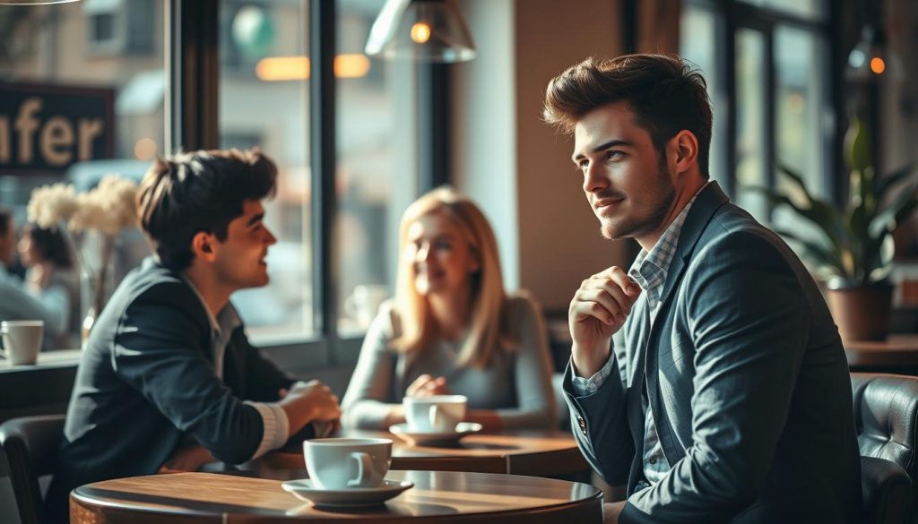 A cozy, inviting scene that visually represents the concept of undeniable signals of interest in a relationship, focusing on a young man thoughtfully observing a young woman at a café table. In the foreground, the young man, dressed in smart casual attire, leans slightly forward, displaying body language that conveys attention and intrigue. The middle ground depicts the young woman engaged in conversation, smiling, showcasing warmth and openness. Soft, natural lighting filters through the café windows, casting gentle shadows and creating an intimate atmosphere. The background features blurred elements of the café, like steaming coffee cups and decorative plants, enhancing the cozy vibe while maintaining focus on the two subjects. The overall mood is one of connection, curiosity, and a hint of romantic tension. A cozy, inviting scene that visually represents the concept of undeniable signals of interest in a relationship, focusing on a young man thoughtfully observing a young woman at a café table. In the foreground, the young man, dressed in smart casual attire, leans slightly forward, displaying body language that conveys attention and intrigue. The middle ground depicts the young woman engaged in conversation, smiling, showcasing warmth and openness. Soft, natural lighting filters through the café windows, casting gentle shadows and creating an intimate atmosphere. The background features blurred elements of the café, like steaming coffee cups and decorative plants, enhancing the cozy vibe while maintaining focus on the two subjects. The overall mood is one of connection, curiosity, and a hint of romantic tension.