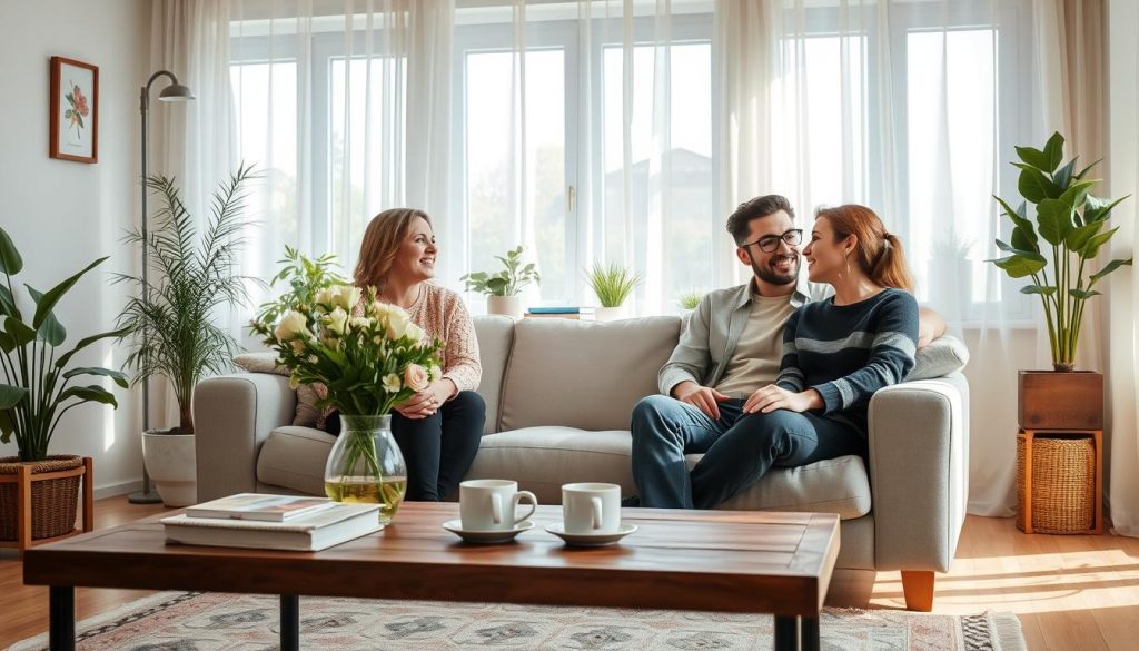 A cozy living room depicting a modern Italian couple enjoying a peaceful day together. In the foreground, a couple seated on a comfortable sofa, both dressed in modest casual clothing, engaged in conversation with warm smiles. The middle ground features a wooden coffee table adorned with a vase of fresh flowers, a few books, and steaming mugs of tea. In the background, large windows with sheer curtains allow soft, natural light to illuminate the space, enhancing the inviting atmosphere. A few plants add a touch of greenery, and the overall color palette is warm and soothing, evoking a sense of harmony and comfort in cohabitation. The scene captures the essence of "convivenza di fatto," emphasizing togetherness and a peaceful home environment. A cozy living room depicting a modern Italian couple enjoying a peaceful day together. In the foreground, a couple seated on a comfortable sofa, both dressed in modest casual clothing, engaged in conversation with warm smiles. The middle ground features a wooden coffee table adorned with a vase of fresh flowers, a few books, and steaming mugs of tea. In the background, large windows with sheer curtains allow soft, natural light to illuminate the space, enhancing the inviting atmosphere. A few plants add a touch of greenery, and the overall color palette is warm and soothing, evoking a sense of harmony and comfort in cohabitation. The scene captures the essence of "convivenza di fatto," emphasizing togetherness and a peaceful home environment.