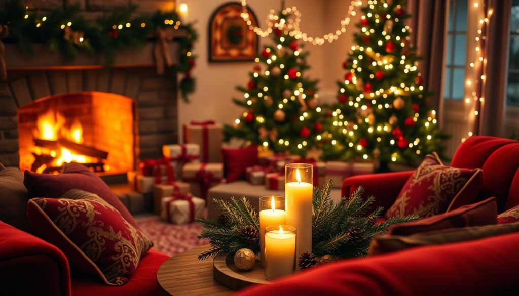 A cozy, romantic living room set for the holiday season, featuring a crackling fireplace with glowing embers, surrounded by beautifully wrapped gifts. In the foreground, a plush, deep red velvet sofa adorned with festive pillows invites warmth and comfort. The middle ground showcases a table with a flickering candle centerpiece, surrounded by evergreen garlands and pinecones. The background is adorned with soft fairy lights draped over a Christmas tree, twinkling softly in the dim light. The atmosphere exudes intimacy and warmth, perfect for a romantic holiday evening. Capture this scene with soft, warm lighting, using a shallow depth of field to emphasize the cozy details and create a dreamy, inviting mood. A cozy, romantic living room set for the holiday season, featuring a crackling fireplace with glowing embers, surrounded by beautifully wrapped gifts. In the foreground, a plush, deep red velvet sofa adorned with festive pillows invites warmth and comfort. The middle ground showcases a table with a flickering candle centerpiece, surrounded by evergreen garlands and pinecones. The background is adorned with soft fairy lights draped over a Christmas tree, twinkling softly in the dim light. The atmosphere exudes intimacy and warmth, perfect for a romantic holiday evening. Capture this scene with soft, warm lighting, using a shallow depth of field to emphasize the cozy details and create a dreamy, inviting mood.