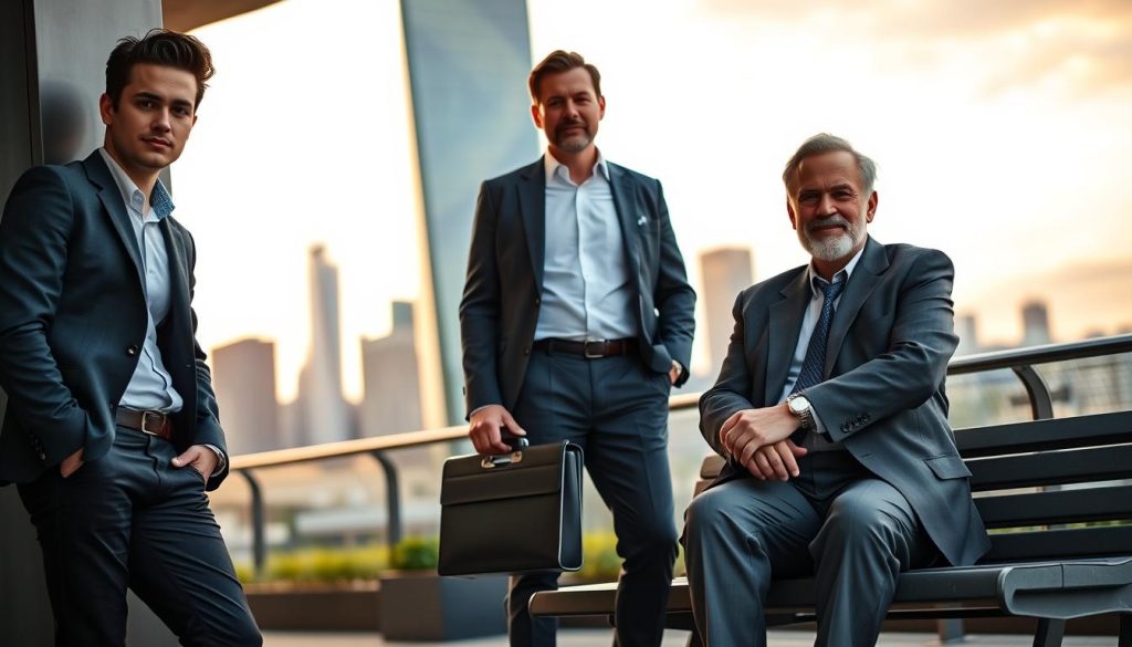 A diverse group of three men of varying ages, representing young adulthood, middle age, and older maturity, gathered in a stylish urban setting, showcasing their charisma and confidence. The foreground features the young man, confidently leaning against a modern structure, wearing a tailored blazer and slim-fit trousers. In the middle, the middle-aged man stands upright, exuding professionalism in a crisp white shirt and dark suit, holding a briefcase. The older man, with silver hair, sits casually on a bench, dressed in smart-casual attire, radiating wisdom and approachability. The background should include an elegant city skyline with soft, warm sunset lighting, enhancing an atmosphere of sophistication and allure. The image should be captured from a slight low angle, creating a sense of grandeur while maintaining a sharp focus on the subjects. A diverse group of three men of varying ages, representing young adulthood, middle age, and older maturity, gathered in a stylish urban setting, showcasing their charisma and confidence. The foreground features the young man, confidently leaning against a modern structure, wearing a tailored blazer and slim-fit trousers. In the middle, the middle-aged man stands upright, exuding professionalism in a crisp white shirt and dark suit, holding a briefcase. The older man, with silver hair, sits casually on a bench, dressed in smart-casual attire, radiating wisdom and approachability. The background should include an elegant city skyline with soft, warm sunset lighting, enhancing an atmosphere of sophistication and allure. The image should be captured from a slight low angle, creating a sense of grandeur while maintaining a sharp focus on the subjects.