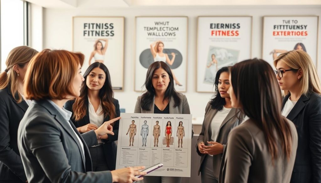 A diverse group of women in professional attire engaged in a discussion about fitness preferences. In the foreground, a confident woman with short hair gestures towards a chart illustrating various physical attributes. In the middle, a woman with long hair listens intently, taking notes, while another observes thoughtfully. The background features an elegant, well-lit office space with motivational posters about health and exercise. Soft natural light filters through large windows, creating an inviting atmosphere. The scene captures a sense of empowerment and meaningful dialogue, emphasizing contemporary female preferences in connection to fitness and physical appearance. The angle is slightly elevated, providing a clear view of the participants and their expressions, evoking a collaborative and insightful mood. A diverse group of women in professional attire engaged in a discussion about fitness preferences. In the foreground, a confident woman with short hair gestures towards a chart illustrating various physical attributes. In the middle, a woman with long hair listens intently, taking notes, while another observes thoughtfully. The background features an elegant, well-lit office space with motivational posters about health and exercise. Soft natural light filters through large windows, creating an inviting atmosphere. The scene captures a sense of empowerment and meaningful dialogue, emphasizing contemporary female preferences in connection to fitness and physical appearance. The angle is slightly elevated, providing a clear view of the participants and their expressions, evoking a collaborative and insightful mood.