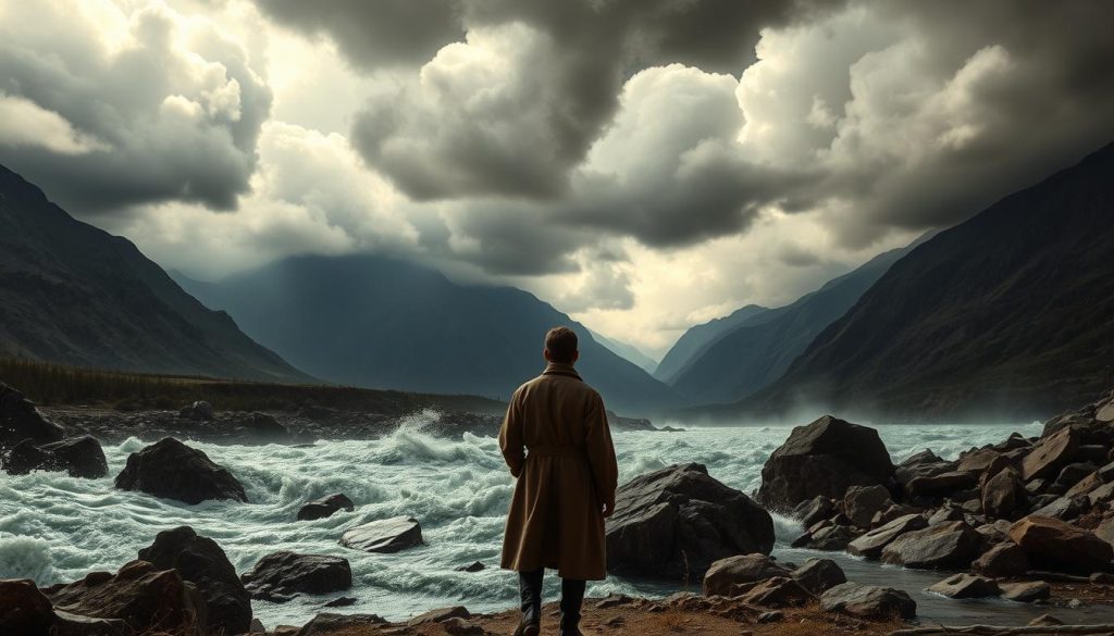 A dramatic landscape depicting the essence of "Sturm und Drang," with tumultuous dark clouds rolling over rugged mountains in the background, hinting at the raw power of nature. In the middle ground, a tempestuous river crashes over jagged rocks, signifying emotional turmoil. The foreground features a lone figure in modest, early 19th-century attire, gazing pensively at the turbulent waters, embodying the spirit of introspection and existential struggle. Soft, diffused light breaks through the stormy clouds, casting a moody atmosphere that enhances the sense of conflict between man and nature. Use a wide-angle perspective to capture the grandeur of the scene, accentuating the contrast between the turbulent elements and the calm figure. The overall mood should evoke a mix of awe and contemplation, encapsulating both the drama and depth of the Romantic spirit.