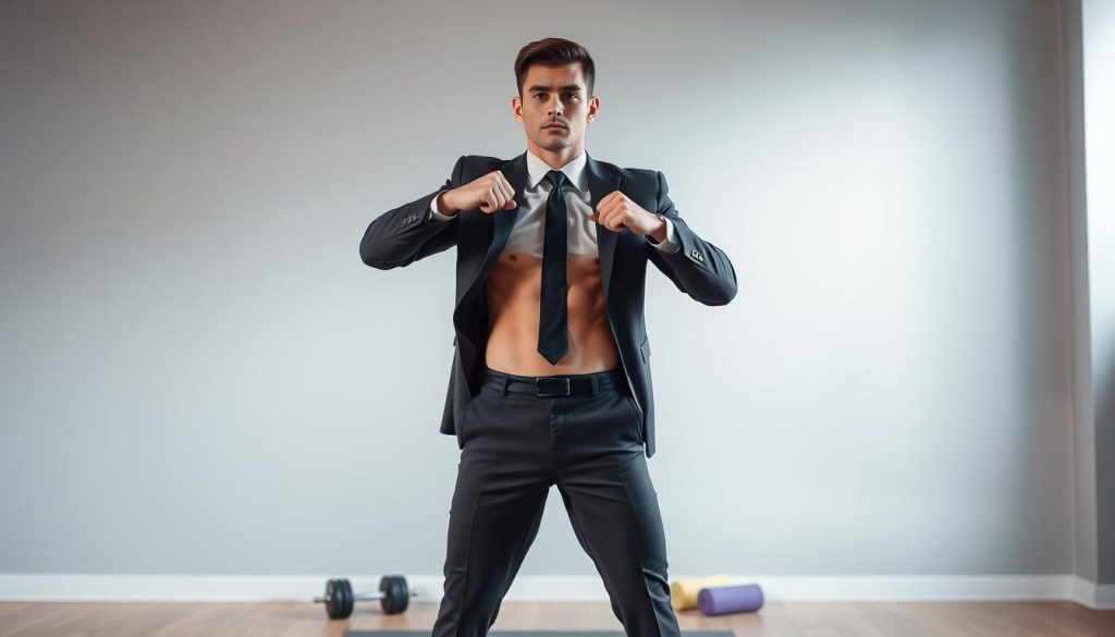 A fit individual in a professional business attire, showcasing well-defined abdominal muscles and a strong physique, stands confidently in a dynamic pose. The foreground captures the individual mid-action, highlighting their toned abs, while the middle ground features a subtle gradient backdrop that suggests a gym-like environment, with soft, diffused lighting illuminating the scene. The background is softly blurred to maintain focus on the subject, with gentle hints of exercise equipment, like dumbbells or a yoga mat, to depict an active lifestyle. The overall mood is focused and motivational, inspiring a sense of determination and healthiness. The composition should be framed with a slight upward angle to accentuate the subject’s strength and posture. A fit individual in a professional business attire, showcasing well-defined abdominal muscles and a strong physique, stands confidently in a dynamic pose. The foreground captures the individual mid-action, highlighting their toned abs, while the middle ground features a subtle gradient backdrop that suggests a gym-like environment, with soft, diffused lighting illuminating the scene. The background is softly blurred to maintain focus on the subject, with gentle hints of exercise equipment, like dumbbells or a yoga mat, to depict an active lifestyle. The overall mood is focused and motivational, inspiring a sense of determination and healthiness. The composition should be framed with a slight upward angle to accentuate the subject’s strength and posture.