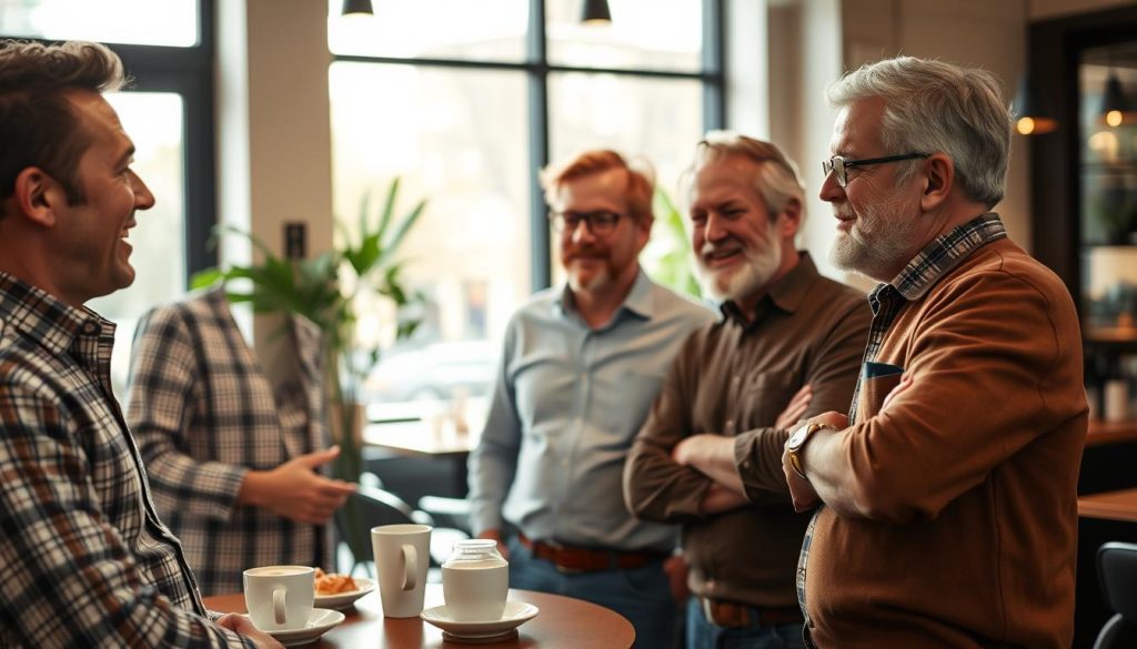 A group of three casually dressed men in their 30s, 40s, and 50s, standing together in a stylish café, engaged in lively conversation. The foreground features the men, showcasing their faces with warm, welcoming expressions. The middle ground captures a beautifully set table with coffee cups and pastries, hinting at a relaxed atmosphere. In the background, large windows allow natural light to flood in, creating a cozy ambiance filled with soft shadows. The overall mood is vibrant and engaging, emphasizing connection and charisma at different life stages. The image should be well-lit with a slight shallow depth of field, focusing on the men while softly blurring the background details to enhance intimacy. A group of three casually dressed men in their 30s, 40s, and 50s, standing together in a stylish café, engaged in lively conversation. The foreground features the men, showcasing their faces with warm, welcoming expressions. The middle ground captures a beautifully set table with coffee cups and pastries, hinting at a relaxed atmosphere. In the background, large windows allow natural light to flood in, creating a cozy ambiance filled with soft shadows. The overall mood is vibrant and engaging, emphasizing connection and charisma at different life stages. The image should be well-lit with a slight shallow depth of field, focusing on the men while softly blurring the background details to enhance intimacy.