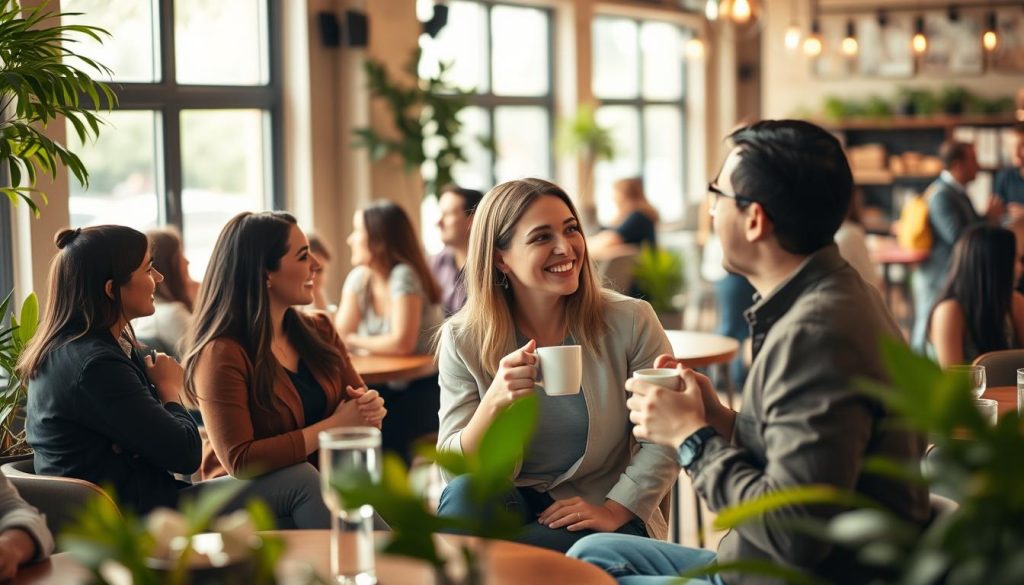 A modern dating scene set in a cozy café, filled with natural light streaming through large windows. In the foreground, a diverse group of young adults is engaged in warm, animated conversations, wearing smart casual attire. In the middle ground, a couple shares an intimate moment over coffee, exchanging smiles as they look into each other's eyes, surrounded by soft greenery and stylish decor. The background features a bustling café atmosphere with other patrons socializing and relaxing. The overall mood is inviting and romantic, capturing the essence of connection and discovery in relationships. The lighting is warm and soft, evoking a sense of comfort and openness. The image is shot with a shallow depth of field, emphasizing the couple while maintaining a lively background. A modern dating scene set in a cozy café, filled with natural light streaming through large windows. In the foreground, a diverse group of young adults is engaged in warm, animated conversations, wearing smart casual attire. In the middle ground, a couple shares an intimate moment over coffee, exchanging smiles as they look into each other's eyes, surrounded by soft greenery and stylish decor. The background features a bustling café atmosphere with other patrons socializing and relaxing. The overall mood is inviting and romantic, capturing the essence of connection and discovery in relationships. The lighting is warm and soft, evoking a sense of comfort and openness. The image is shot with a shallow depth of field, emphasizing the couple while maintaining a lively background.