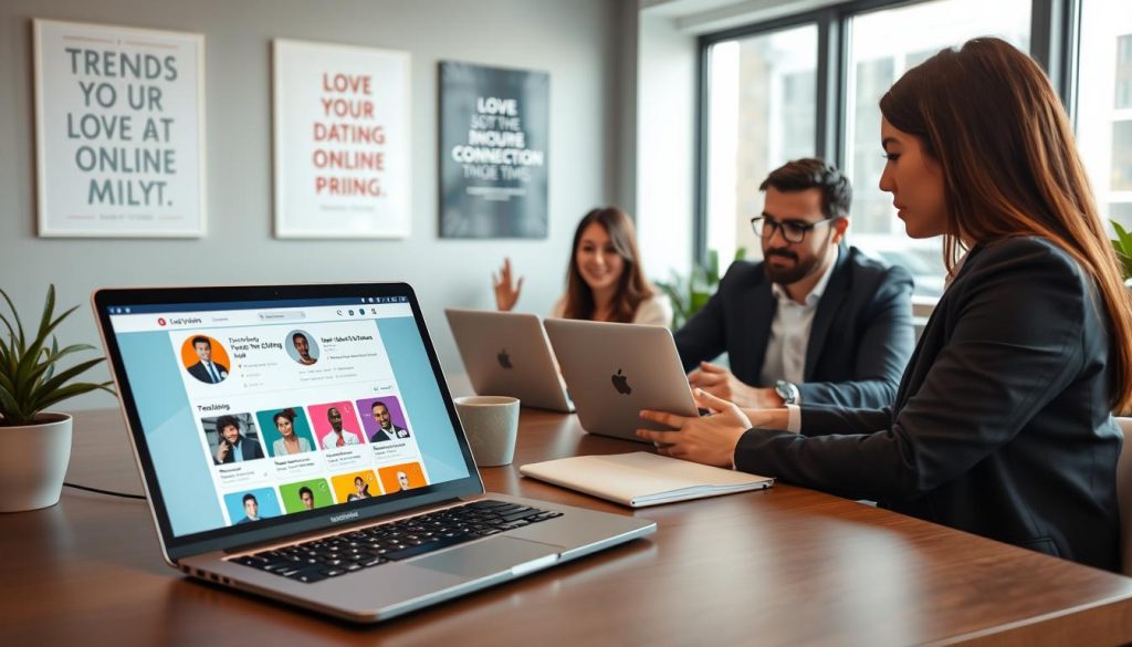 A modern digital workspace featuring a diverse group of three professionals engaging in a virtual meeting on their laptops. Foreground: close-up of a laptop screen showcasing a user-friendly dating app interface with colorful graphics and profile images. Middle ground: two individuals, one male and one female, dressed in business casual attire, actively discussing trends in online dating and statistics. Background: a sleek office environment with motivational posters about love and connection, plants, and a large window letting in natural light. The atmosphere is collaborative and energetic, emphasizing innovation and communication in the realm of online dating. Soft, warm lighting enhances a positive vibe. A modern digital workspace featuring a diverse group of three professionals engaging in a virtual meeting on their laptops. Foreground: close-up of a laptop screen showcasing a user-friendly dating app interface with colorful graphics and profile images. Middle ground: two individuals, one male and one female, dressed in business casual attire, actively discussing trends in online dating and statistics. Background: a sleek office environment with motivational posters about love and connection, plants, and a large window letting in natural light. The atmosphere is collaborative and energetic, emphasizing innovation and communication in the realm of online dating. Soft, warm lighting enhances a positive vibe.
