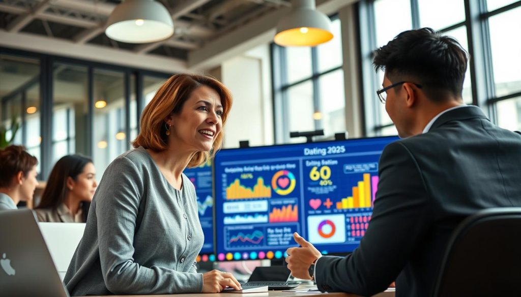 A modern office setting featuring a diverse group of professionals deeply engaged in a video conference about dating apps. In the foreground, a middle-aged Caucasian woman wearing smart casual clothing is speaking animatedly, while in the background, a young Asian man in business attire is analyzing data on his laptop. Zoomed-in on a large screen displaying colorful statistics and infographics related to online dating trends for 2025. The lighting is bright and task-oriented, with a mix of natural light streaming through large windows and warm overhead lights. The atmosphere is collaborative and focused, highlighting the importance of the dating app market. A modern office setting featuring a diverse group of professionals deeply engaged in a video conference about dating apps. In the foreground, a middle-aged Caucasian woman wearing smart casual clothing is speaking animatedly, while in the background, a young Asian man in business attire is analyzing data on his laptop. Zoomed-in on a large screen displaying colorful statistics and infographics related to online dating trends for 2025. The lighting is bright and task-oriented, with a mix of natural light streaming through large windows and warm overhead lights. The atmosphere is collaborative and focused, highlighting the importance of the dating app market.