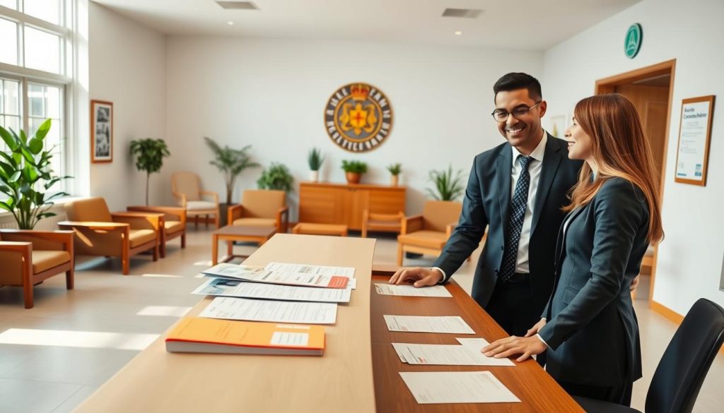 A modern town hall interior showcasing a bright, welcoming space where couples gather to formalize their coexistence. In the foreground, a diverse couple in professional business attire is consulting with a friendly municipal clerk at a sleek reception desk, filled with paperwork and city brochures. The middle ground features elegant wooden furniture and informational posters about cohabitation, all in a soft, natural light that fills the room through large windows. The background reveals a decorative wall with the town's emblem and potted plants that enhance the warm atmosphere. The image captures a sense of professionalism, harmony, and optimism, accentuated by the bright color palette and a clean lens focusing on the happy couple as they engage in this important step together. A modern town hall interior showcasing a bright, welcoming space where couples gather to formalize their coexistence. In the foreground, a diverse couple in professional business attire is consulting with a friendly municipal clerk at a sleek reception desk, filled with paperwork and city brochures. The middle ground features elegant wooden furniture and informational posters about cohabitation, all in a soft, natural light that fills the room through large windows. The background reveals a decorative wall with the town's emblem and potted plants that enhance the warm atmosphere. The image captures a sense of professionalism, harmony, and optimism, accentuated by the bright color palette and a clean lens focusing on the happy couple as they engage in this important step together.