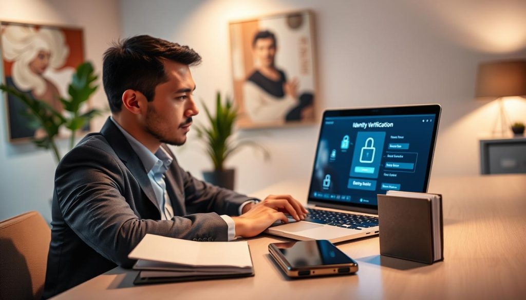 A modern workspace showcasing an identity verification scene. In the foreground, a professional-looking individual, dressed in business attire, is sitting at a sleek desk, focused on a laptop displaying a digital identity verification interface, with biometric elements and secure login visuals. In the middle ground, soft lighting highlights a smartphone and secure document folders arranged neatly, suggesting privacy and security. The background features a contemporary office environment with abstract artwork and potted plants, exuding a calm and secure atmosphere. The lighting is warm and inviting, with a slight blur effect on the background to emphasize the subject. The overall mood conveys professionalism, trust, and the importance of online safety in today's digital interactions.