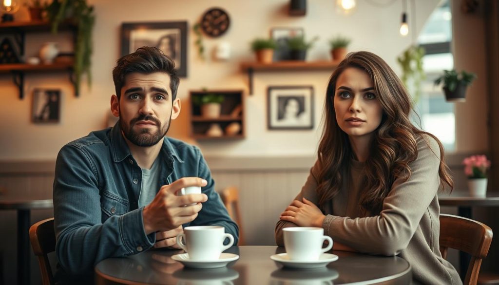 A nervous young couple sitting across from each other at a cozy café in Italy, trapped in a moment of anticipation before their first date. The foreground features their fidgeting hands, one playing with a coffee cup, while the other nervously smooths down a sleeve. In the middle ground, their uncertain facial expressions—slightly flushed cheeks, wide eyes conveying anxiety—create a relatable atmosphere. The background captures soft ambient lighting with Italian café decor, such as small tables, rustic shelves, and hanging plants, blurring slightly to emphasize the couple. The overall mood reflects both the tension and excitement of a first date, mixing warmth with a hint of apprehension. Use a depth of field effect to focus on the couple while softly illuminating the café's inviting atmosphere.