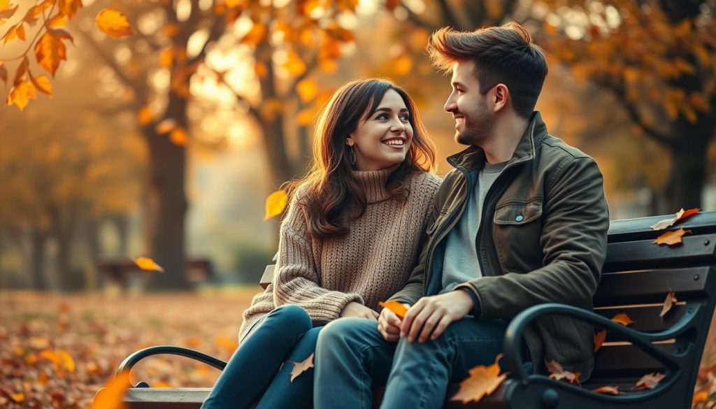 A nostalgic scene capturing the essence of "first love," showcasing a young couple sitting on a park bench in an autumn setting. In the foreground, they share a lighthearted moment, smiling at each other, with the female figure in a cozy, fashionable sweater and the male figure wearing a stylish jacket, both embodying youthful innocence. In the middle, vibrant, falling leaves create a warm color palette of oranges, reds, and yellows, symbolizing change and memories. The background features softly blurred trees, allowing the couple to remain the focal point. The image is bathed in soft, golden-hour light, providing an ethereal glow that enhances the atmosphere of warmth and reminiscence. The overall mood evokes a bittersweet sense of nostalgia and the lasting impact of first love, inviting the viewer to reflect on their own memories. A nostalgic scene capturing the essence of "first love," showcasing a young couple sitting on a park bench in an autumn setting. In the foreground, they share a lighthearted moment, smiling at each other, with the female figure in a cozy, fashionable sweater and the male figure wearing a stylish jacket, both embodying youthful innocence. In the middle, vibrant, falling leaves create a warm color palette of oranges, reds, and yellows, symbolizing change and memories. The background features softly blurred trees, allowing the couple to remain the focal point. The image is bathed in soft, golden-hour light, providing an ethereal glow that enhances the atmosphere of warmth and reminiscence. The overall mood evokes a bittersweet sense of nostalgia and the lasting impact of first love, inviting the viewer to reflect on their own memories.