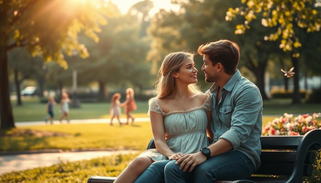 A nostalgic scene capturing the essence of first love. In the foreground, a young couple sits on a park bench, gazing into each other's eyes, embodying innocence and connection. She wears a light summer dress, and he sports a casual shirt and jeans, both radiating warmth and happiness. In the middle ground, a lush green park with blooming flowers surrounds them, evoking a sense of tranquility and timelessness. Soft, golden sunlight filters through the trees, creating gentle highlights on their faces, while the background features a blurred image of children playing and birds chirping, emphasizing the carefree nature of youth. The overall atmosphere conveys a sense of nostalgia, memory, and the enduring impact of first love. Use a warm color palette for a romantic feel, with a shallow depth of field to focus on the couple. A nostalgic scene capturing the essence of first love. In the foreground, a young couple sits on a park bench, gazing into each other's eyes, embodying innocence and connection. She wears a light summer dress, and he sports a casual shirt and jeans, both radiating warmth and happiness. In the middle ground, a lush green park with blooming flowers surrounds them, evoking a sense of tranquility and timelessness. Soft, golden sunlight filters through the trees, creating gentle highlights on their faces, while the background features a blurred image of children playing and birds chirping, emphasizing the carefree nature of youth. The overall atmosphere conveys a sense of nostalgia, memory, and the enduring impact of first love. Use a warm color palette for a romantic feel, with a shallow depth of field to focus on the couple.