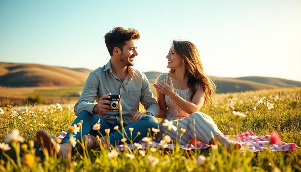 A nostalgic scene depicting a young couple experiencing their first love, surrounded by nature. In the foreground, the couple, dressed in modest casual clothing, is seated on a picnic blanket, sharing a joyful moment while looking at each other. The young man is holding a vintage camera, and the young woman is reaching for a flower, symbolizing innocence and beauty. In the middle ground, a sunlit meadow filled with wildflowers adds vibrancy. The background features gently rolling hills under a clear blue sky, enhancing the feeling of warmth and openness. The soft, golden lighting suggests a late afternoon setting, evoking a sense of tenderness and nostalgia, capturing the essence of first love and its fleeting nature. A nostalgic scene depicting a young couple experiencing their first love, surrounded by nature. In the foreground, the couple, dressed in modest casual clothing, is seated on a picnic blanket, sharing a joyful moment while looking at each other. The young man is holding a vintage camera, and the young woman is reaching for a flower, symbolizing innocence and beauty. In the middle ground, a sunlit meadow filled with wildflowers adds vibrancy. The background features gently rolling hills under a clear blue sky, enhancing the feeling of warmth and openness. The soft, golden lighting suggests a late afternoon setting, evoking a sense of tenderness and nostalgia, capturing the essence of first love and its fleeting nature.