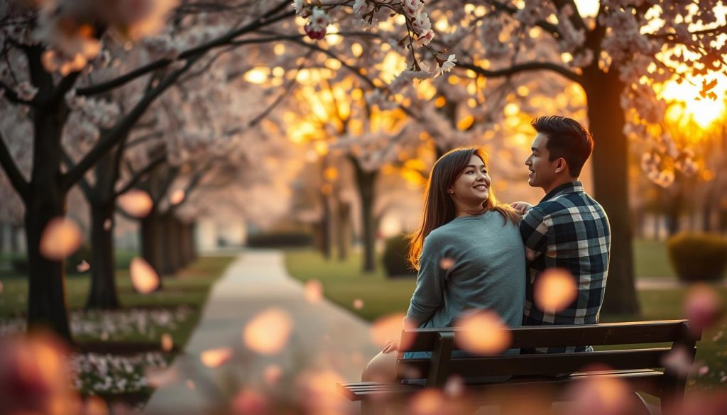 A nostalgic scene depicting the essence of "primo amore" with a young couple seated on a park bench, surrounded by blooming cherry blossom trees. The couple, dressed in modest casual clothing, gazes into each other's eyes, their expressions reflecting a mix of joy and wistfulness. In the foreground, soft petals drift through the air, enhancing the romantic ambiance. In the middle ground, a gentle path winds through the park, inviting exploration. The background features a soft-focus sunset, casting golden light that bathes the scene in warmth, evoking a serene and tender mood. Use a shallow depth of field to blur the distant details slightly, drawing attention to the couple while creating a dreamlike atmosphere. The overall lighting should be soft and warm, highlighting the emotions associated with first love. A nostalgic scene depicting the essence of "primo amore" with a young couple seated on a park bench, surrounded by blooming cherry blossom trees. The couple, dressed in modest casual clothing, gazes into each other's eyes, their expressions reflecting a mix of joy and wistfulness. In the foreground, soft petals drift through the air, enhancing the romantic ambiance. In the middle ground, a gentle path winds through the park, inviting exploration. The background features a soft-focus sunset, casting golden light that bathes the scene in warmth, evoking a serene and tender mood. Use a shallow depth of field to blur the distant details slightly, drawing attention to the couple while creating a dreamlike atmosphere. The overall lighting should be soft and warm, highlighting the emotions associated with first love.