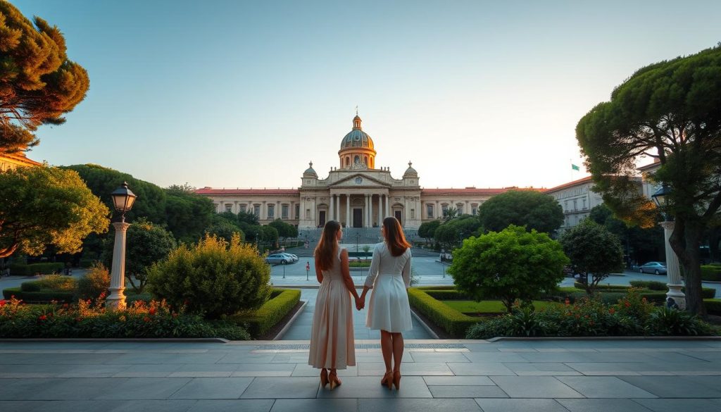 A picturesque view of Piazza Plebiscito in Naples during the golden hour, filled with warm, soft sunlight casting long shadows. In the foreground, a couple dressed in modest, romantic attire stands hand in hand, gazing towards the majestic Royal Palace, which dominates the middle ground. They are framed by the stunning architecture of the basilica, emphasizing a sense of intimacy and connection. Surrounding them, lush greenery from the nearby gardens enhances the romantic atmosphere. The background features a serene sky transitioning from blue to soft orange, hinting at a tranquil evening. The image captures a sense of serenity and love, perfect for a romantic city break. A picturesque view of Piazza Plebiscito in Naples during the golden hour, filled with warm, soft sunlight casting long shadows. In the foreground, a couple dressed in modest, romantic attire stands hand in hand, gazing towards the majestic Royal Palace, which dominates the middle ground. They are framed by the stunning architecture of the basilica, emphasizing a sense of intimacy and connection. Surrounding them, lush greenery from the nearby gardens enhances the romantic atmosphere. The background features a serene sky transitioning from blue to soft orange, hinting at a tranquil evening. The image captures a sense of serenity and love, perfect for a romantic city break.