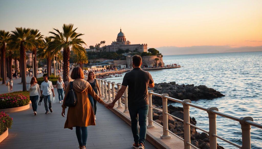 A picturesque view of the Lungomare in Naples at sunset, showcasing couples strolling along the promenade. In the foreground, a couple dressed in modest casual clothing holds hands, enjoying the romantic atmosphere. The middle ground features the iconic Castel dell'Ovo, surrounded by palm trees and vibrant flowers. The background captures the stunning Gulf of Naples with soft waves reflecting the hues of the setting sun, creating a warm gradient of oranges, pinks, and purples in the sky. The scene is illuminated by gentle golden hour lighting, enhancing the tranquil mood of an evening walk by the sea. The lens should capture the warmth and intimacy of the moment, evoking feelings of romance and connection. A picturesque view of the Lungomare in Naples at sunset, showcasing couples strolling along the promenade. In the foreground, a couple dressed in modest casual clothing holds hands, enjoying the romantic atmosphere. The middle ground features the iconic Castel dell'Ovo, surrounded by palm trees and vibrant flowers. The background captures the stunning Gulf of Naples with soft waves reflecting the hues of the setting sun, creating a warm gradient of oranges, pinks, and purples in the sky. The scene is illuminated by gentle golden hour lighting, enhancing the tranquil mood of an evening walk by the sea. The lens should capture the warmth and intimacy of the moment, evoking feelings of romance and connection.