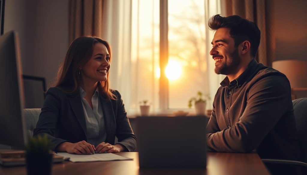 A poignant scene depicting the essence of a long-distance relationship. In the foreground, two people, a man and a woman, are engaged in a video call, both smiling as they connect despite the miles apart. They are dressed in smart casual attire, the woman sitting at a cozy desk with soft lighting, and the man leaning against a window with a warm, golden sunset illuminating his face. In the middle ground, a subtle hint of two maps, showing their different locations, is visible on their desks. The background features soft, blurred elements of their respective homes, suggesting comfort and intimacy. The overall atmosphere should convey warmth, connection, and hope, emphasizing the emotional depth and shared experience of love across distances. A poignant scene depicting the essence of a long-distance relationship. In the foreground, two people, a man and a woman, are engaged in a video call, both smiling as they connect despite the miles apart. They are dressed in smart casual attire, the woman sitting at a cozy desk with soft lighting, and the man leaning against a window with a warm, golden sunset illuminating his face. In the middle ground, a subtle hint of two maps, showing their different locations, is visible on their desks. The background features soft, blurred elements of their respective homes, suggesting comfort and intimacy. The overall atmosphere should convey warmth, connection, and hope, emphasizing the emotional depth and shared experience of love across distances.
