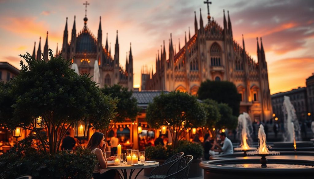 A romantic evening in Milan featuring the iconic Duomo di Milano in the foreground, adorned with twinkling lights. In the middle ground, a couple dressed in elegant evening attire enjoys a candlelit dinner at a charming outdoor café, surrounded by lush greenery and soft glowing lanterns. The background showcases Milan's historic architecture, illuminated under a warm sunset sky, casting a magical glow over the scene. The image should have a soft-focus and be captured from a slight low angle to emphasize the majestic cathedral, creating an inviting and intimate atmosphere perfect for love. The lighting is warm and inviting, with reflections from nearby fountains adding to the romantic charm of the city.