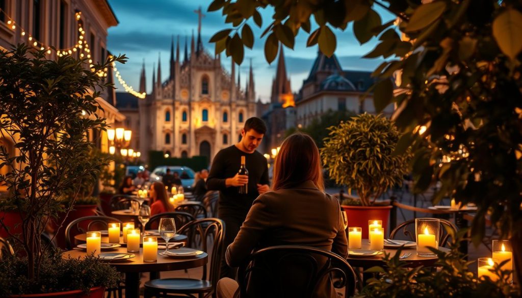A romantic evening scene in Milan, featuring a charming outdoor bistro adorned with fairy lights and flickering candles on the tables. In the foreground, a couple dressed in elegant casual attire enjoys an intimate dinner, their faces illuminated by the warm glow of the lights. The middle ground includes a waiter gracefully serving a bottle of wine, with lush potted plants framing the setting. In the background, iconic Milanese landmarks like the Duomo and historic architecture are softly lit against a twilight sky, creating a dreamy atmosphere. The scene captures the essence of romance, inviting viewers to imagine a perfect night out in the heart of Milan. A gentle breeze rustles the leaves, enhancing the serene ambiance of this enchanting location. A romantic evening scene in Milan, featuring a charming outdoor bistro adorned with fairy lights and flickering candles on the tables. In the foreground, a couple dressed in elegant casual attire enjoys an intimate dinner, their faces illuminated by the warm glow of the lights. The middle ground includes a waiter gracefully serving a bottle of wine, with lush potted plants framing the setting. In the background, iconic Milanese landmarks like the Duomo and historic architecture are softly lit against a twilight sky, creating a dreamy atmosphere. The scene captures the essence of romance, inviting viewers to imagine a perfect night out in the heart of Milan. A gentle breeze rustles the leaves, enhancing the serene ambiance of this enchanting location.
