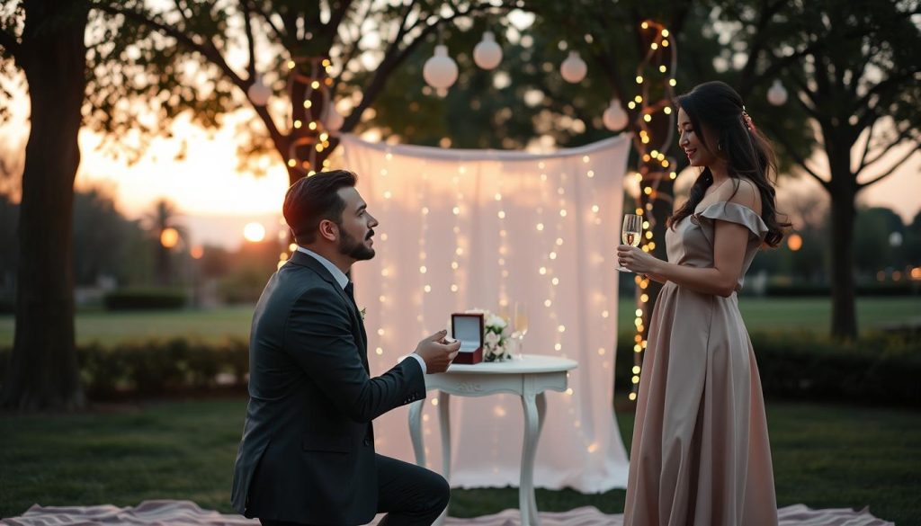 A romantic proposal scene set in a beautifully decorated outdoor setting at sunset. In the foreground, a well-dressed couple, the man in a smart blazer and the woman in an elegant dress, are in an intimate moment. He is down on one knee, holding an open ring box, while she looks surprised and delighted. In the middle ground, there's a softly lit backdrop with twinkling fairy lights strung between two trees and a small table with a vintage-style floral arrangement and champagne glasses. The background showcases a serene park with a gentle sunset casting warm orange and pink hues, creating an enchanting atmosphere. Soft, diffused lighting adds a dreamy quality, capturing the essence of a memorable marriage proposal.