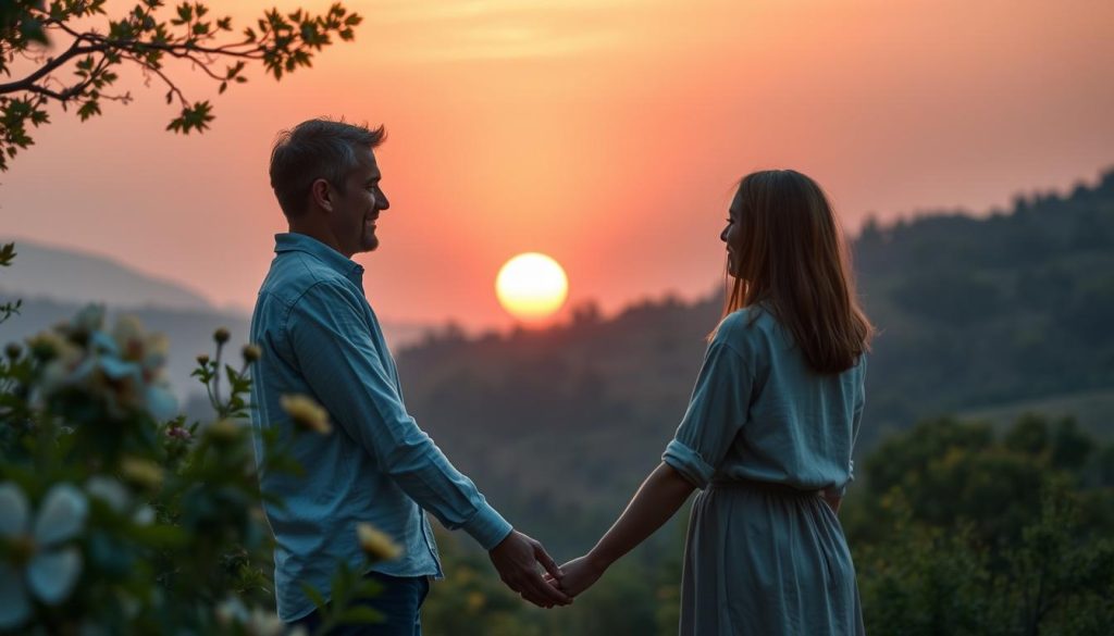 A romantic sunrise scene capturing the essence of love, with a soft sun rising over a serene landscape. In the foreground, a couple dressed in modest casual clothing holds hands, gazing lovingly at each other. Their surroundings are adorned with blooming flowers and lush greenery that glows softly in the warm, golden light of the dawn. In the middle ground, gentle hills roll away, fading into a pastel sky painted with shades of orange, pink, and lavender. The atmosphere is calm and intimate, evoking feelings of hope and new beginnings. The lighting is soft and diffused, as if the sun is just beginning to illuminate the world, creating a dreamy, romantic mood. The angle is slightly elevated, providing a broad view of the charming landscape.