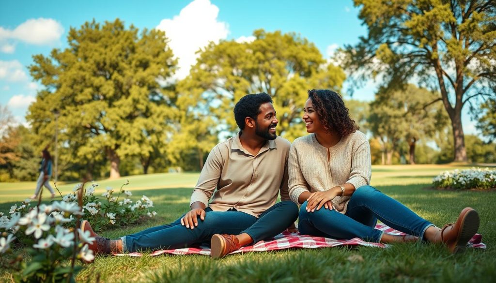 A scenic outdoor setting that embodies a healthy relationship, featuring a diverse couple sitting on a picnic blanket in a serene park. The foreground shows them engaged in a joyful conversation, sharing laughter, and looking into each other's eyes, dressed in stylish yet modest casual clothing. The middle ground includes blossoming flowers and tall green trees, symbolizing growth and harmony. The background captures a bright blue sky with soft, fluffy clouds, hinting at a peaceful and uplifting atmosphere. The lighting is warm and natural, reminiscent of late afternoon sun, creating a soft and inviting glow. The overall mood is reflective of trust, warmth, and connection, highlighting the beauty of a true partnership. A scenic outdoor setting that embodies a healthy relationship, featuring a diverse couple sitting on a picnic blanket in a serene park. The foreground shows them engaged in a joyful conversation, sharing laughter, and looking into each other's eyes, dressed in stylish yet modest casual clothing. The middle ground includes blossoming flowers and tall green trees, symbolizing growth and harmony. The background captures a bright blue sky with soft, fluffy clouds, hinting at a peaceful and uplifting atmosphere. The lighting is warm and natural, reminiscent of late afternoon sun, creating a soft and inviting glow. The overall mood is reflective of trust, warmth, and connection, highlighting the beauty of a true partnership.