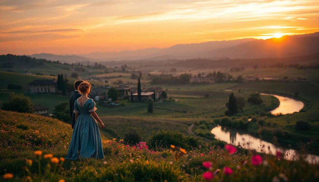 A serene Italian landscape inspired by the Romanticism movement, featuring a picturesque village nestled among lush rolling hills. In the foreground, a couple dressed in elegant 19th-century attire stands hand-in-hand, gazing at a sunset that casts a warm, golden glow across the scene. The middle ground includes vibrant fields of wildflowers and a graceful cypress tree, while a calm river reflects the vibrant colors of the sky. In the background, distant mountains are softly illuminated by the fading light, enhancing the dreamy atmosphere. The composition is framed with soft, diffused lighting to evoke a sense of nostalgia and romance, captured from a low angle with a slightly blurred depth of field to emphasize the couple and foreground elements.