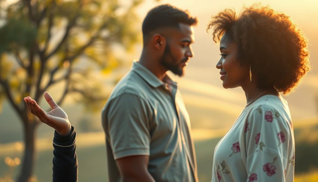 A serene and introspective scene illustrating the "Teoria dei tre amori," featuring three distinct individuals of diverse descents—each representing one of the three loves in life. In the foreground, a thoughtful individual gestures warmly towards a companion, showcasing friendship. In the middle ground, a couple shares a soft, intimate gaze, symbolizing romantic love, surrounded by nature to emphasize connection and harmony. The background features a tranquil landscape, with soft sunlight filtering through gentle trees, creating a warm, inviting atmosphere. The lighting is soft and diffused, reminiscent of a golden hour, to evoke a sense of peace and reflection. The composition should highlight the emotional depth and interconnectedness of the three relationships, emphasizing their significance in personal growth and understanding. A serene and introspective scene illustrating the "Teoria dei tre amori," featuring three distinct individuals of diverse descents—each representing one of the three loves in life. In the foreground, a thoughtful individual gestures warmly towards a companion, showcasing friendship. In the middle ground, a couple shares a soft, intimate gaze, symbolizing romantic love, surrounded by nature to emphasize connection and harmony. The background features a tranquil landscape, with soft sunlight filtering through gentle trees, creating a warm, inviting atmosphere. The lighting is soft and diffused, reminiscent of a golden hour, to evoke a sense of peace and reflection. The composition should highlight the emotional depth and interconnectedness of the three relationships, emphasizing their significance in personal growth and understanding.