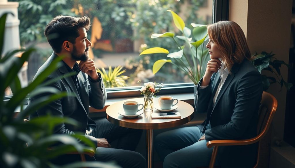 A serene and inviting café scene, showcasing an engaged couple sitting at a small table by a window. The foreground features the couple, dressed in smart casual attire, reflecting thoughtful expressions as they discuss their aspirations and desires in a relationship. The middle layer includes a beautifully arranged table with two cups of coffee, a small vase of flowers, and a notebook with a pen, symbolizing their introspective conversation. In the background, soft sunlight filters through the window, casting a warm glow that enhances the intimate atmosphere. The colors are rich yet calming, with natural tones of green from the plants nearby, creating a sense of peace and connection. The composition conveys a feeling of understanding and exploration, inviting viewers to reflect on their own relationships. A serene and inviting café scene, showcasing an engaged couple sitting at a small table by a window. The foreground features the couple, dressed in smart casual attire, reflecting thoughtful expressions as they discuss their aspirations and desires in a relationship. The middle layer includes a beautifully arranged table with two cups of coffee, a small vase of flowers, and a notebook with a pen, symbolizing their introspective conversation. In the background, soft sunlight filters through the window, casting a warm glow that enhances the intimate atmosphere. The colors are rich yet calming, with natural tones of green from the plants nearby, creating a sense of peace and connection. The composition conveys a feeling of understanding and exploration, inviting viewers to reflect on their own relationships.